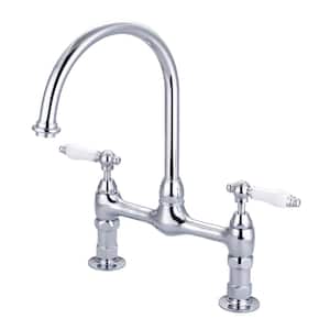 Harding Two Handle Bridge Kitchen Faucet with Porcelain Lever Handles in Polished Chrome
