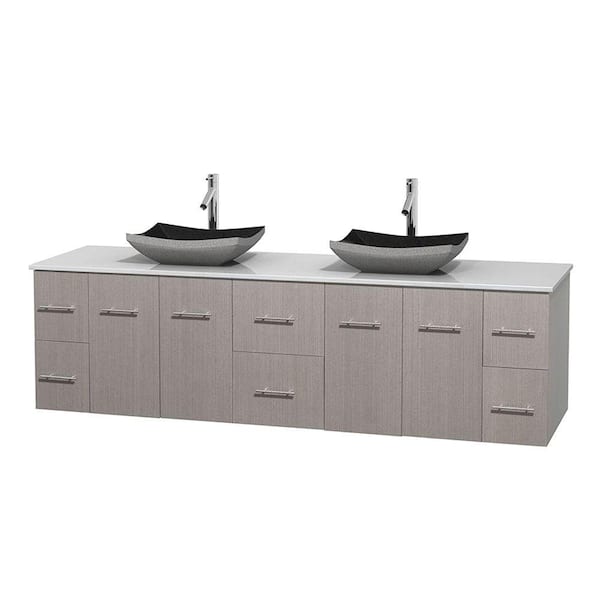 Wyndham Collection Centra 80 in. Double Vanity in Gray Oak with Solid-Surface Vanity Top in White and Black Granite Sinks