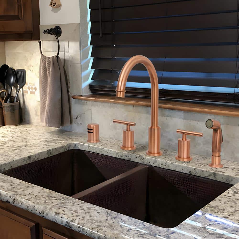 Copper Brushed Double Handle High-Arc Kitchen Faucet with Side Spray