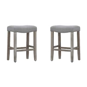 Jameson 24 in. Counter Height Antique Gray Wood Backless Barstool with Gray Linen Saddle Seat (Set of 2)