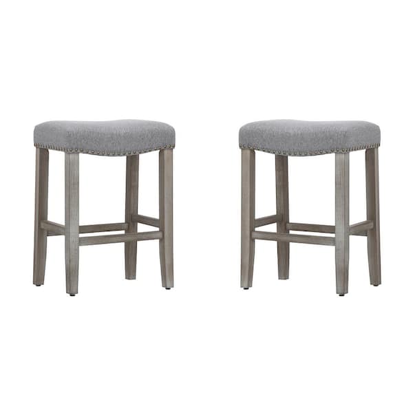 Jameson 24 in. Counter Height Antique Gray Wood Backless Barstool with Gray Linen Saddle Seat (Set of 2)