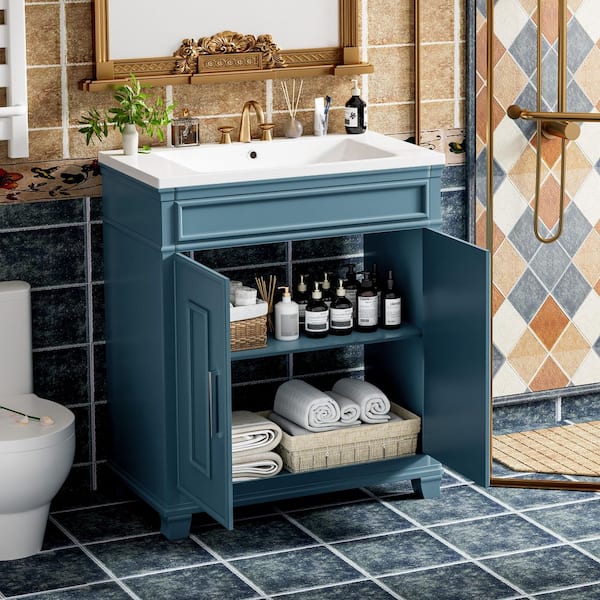 30 in. Single Sink Freestanding Blue Bath Vanity with White Ceramic Top, Storage Shelf, Adjustable Soft-Close Hinges