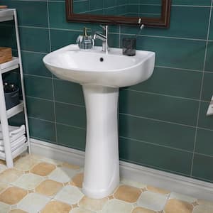 Modern White Vitreous China Pedestal Combo Bathroom Vessel Ceramic Sink in U-Shape Design with Round Single Faucet Hole