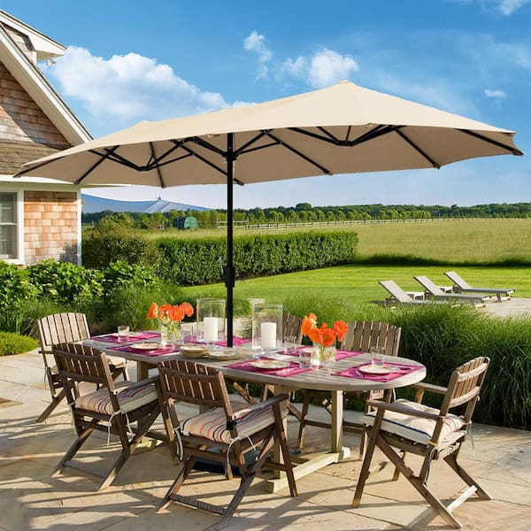 13 ft. Market Double-Sided Rectangular Patio Umbrella in Beige with Mobile Base