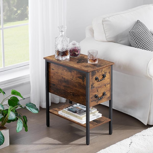 VECELO Brown End Table, Narrow Chairside Table 2-Drawers and Open Storage Shelf, Nightstand 20.5 in. L x 11.8 in. W x 23.6 in.