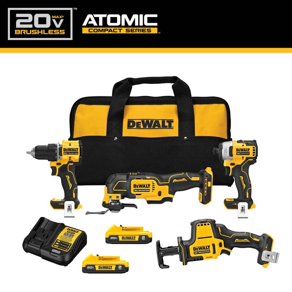 DEWALT ATOMIC 20-Volt Lithium-Ion Cordless Brushless Combo Kit (4-Tool) with (2) 2.0Ah Batteries, Charger and Bag DCK486D2
