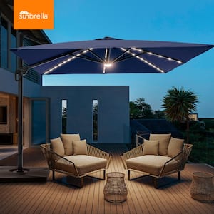 Premium 10 ft. x 10 ft. LED Cantilever Patio Umbrella with a Base and 360° Rotation and Infinite Canopy Angle Navy Blue