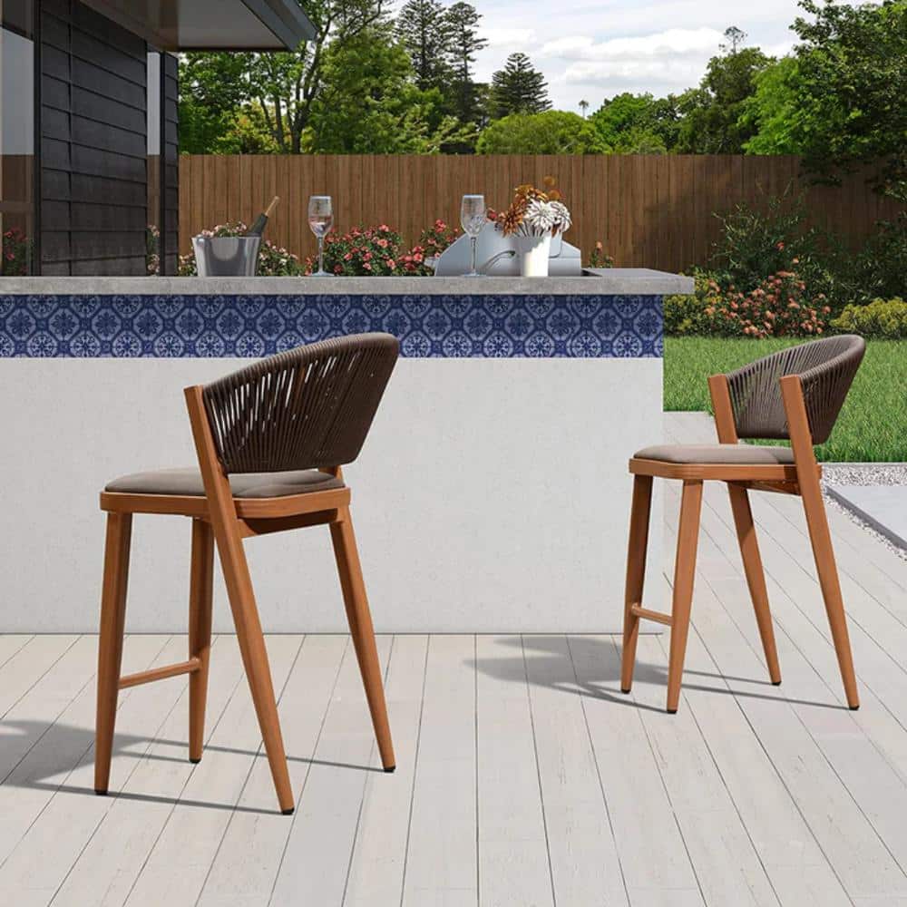 Modern Aluminum Low Back Rattan Counter Height Outdoor Bar Stool with Backrest and Brown Cushion (2-Pack) price history on PriceWatchPro
