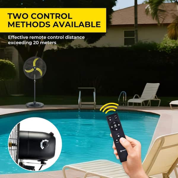30 in. Oscillating Pedestal Fan in Black with Yellow Blades, All Sealed Brushless DC Motor, Waterproof, Remote