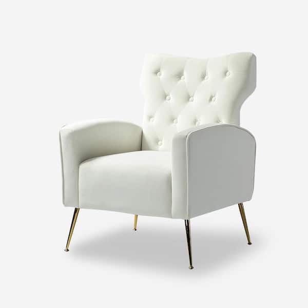 JAYDEN CREATION Brion Modern Ivory Velvet Button Tufted Comfy Wingback Armchair with Metal Legs