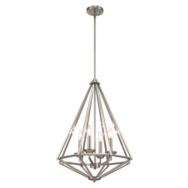 Home Decorators Collection Hubley 4-Light Triangular Brushed Nickel Pendant Light Fixture with Metal Cage Shade