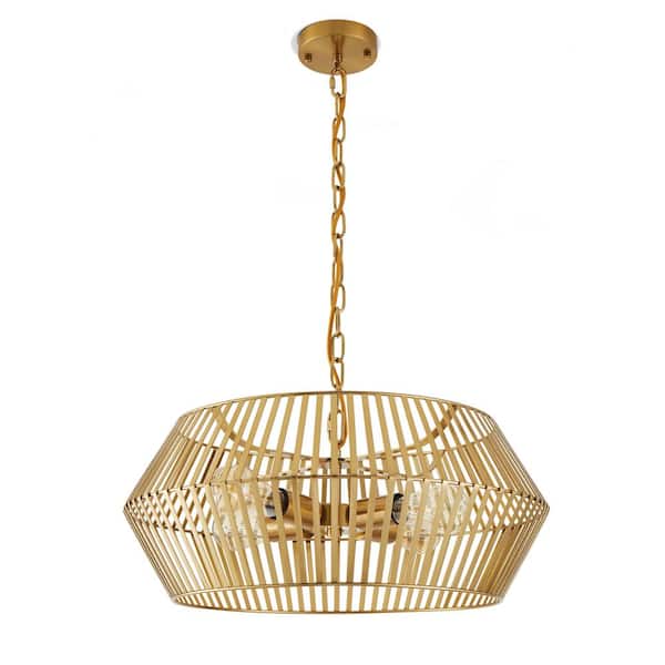 LamQee 4-Light Antique Gold Geometric Chandelier with Caged Metal Shade