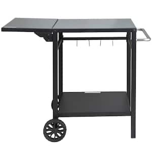 Outdoor Grill Dining Cart BBQ Prep Table, Foldable Iron Top, Portable Modular Cart W/ 2 Wheels and Handle for Pizza Oven