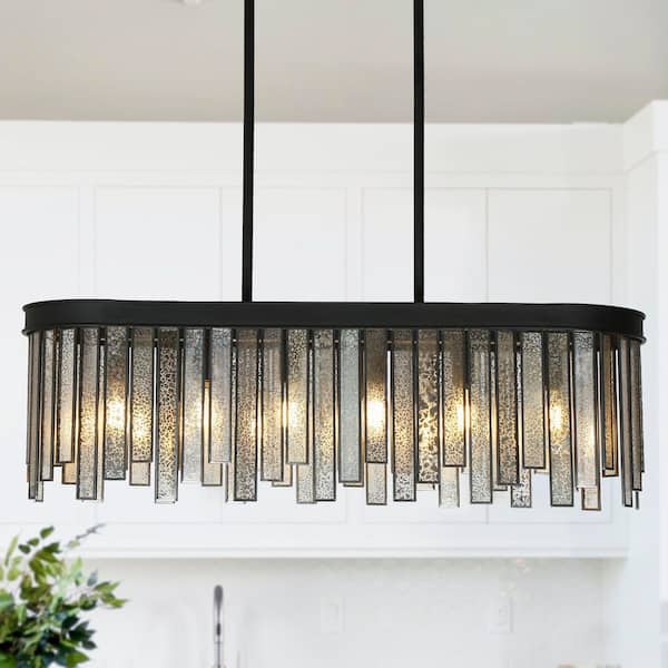 Hemaaolay 6-Light Black Island Chandelier with Plated Mercury Glass/Art Glass Strips Modern Kitchen Dining Pendant light
