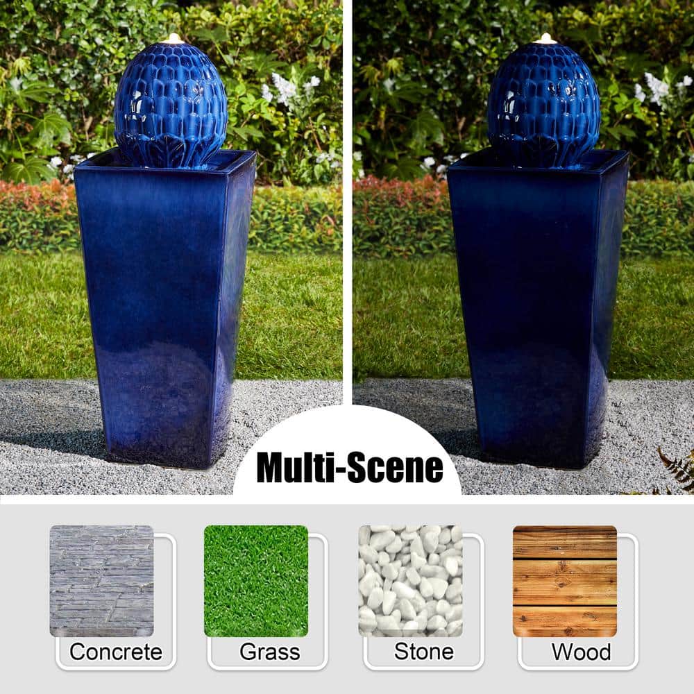 Tall Cobalt Blue Ceramic Artichoke Pedestal Fountain with LED Light