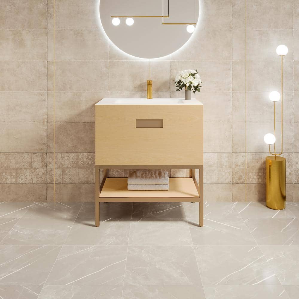 Iris 30 in. Single Sink Natural Oak Bath Vanity with White Solid Surface Top (Assembled) price history on PriceWatchPro