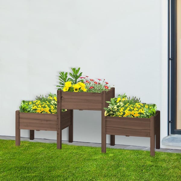 Unbranded - Coffee Raised Garden Bed with 3 Planter Box, Elevated Wooden Plant Stand with Drainage Holes for Vegetables, Flowers