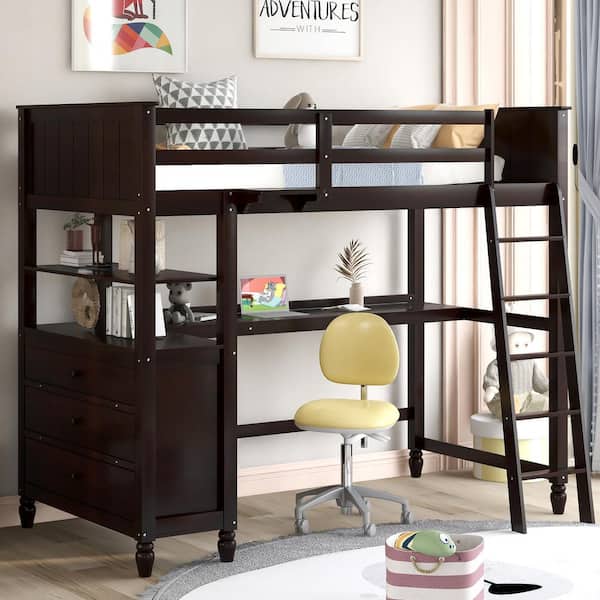Harper & Bright Designs Multifunction Espresso Twin Size Wood Loft Bed with Desk, Shelves and Drawers