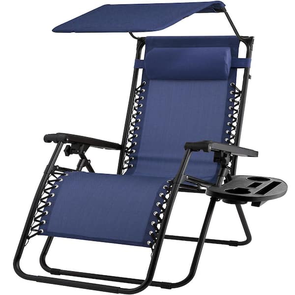 Unbranded Folding Recline Steel Outdoor Lounge Chair in Navy Blue with Canopy and Side Tray