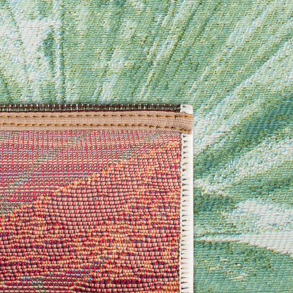 Green and Teal Tropical Leaf Pattern Synthetic Runner Rug, 2'8" x 8'