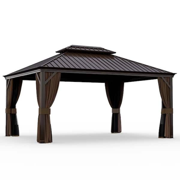 ChillPavilion 12 ft. x 16 ft. Double Roof Hardtop Aluminum Patio Gazebo with Netting and Brown Curtains