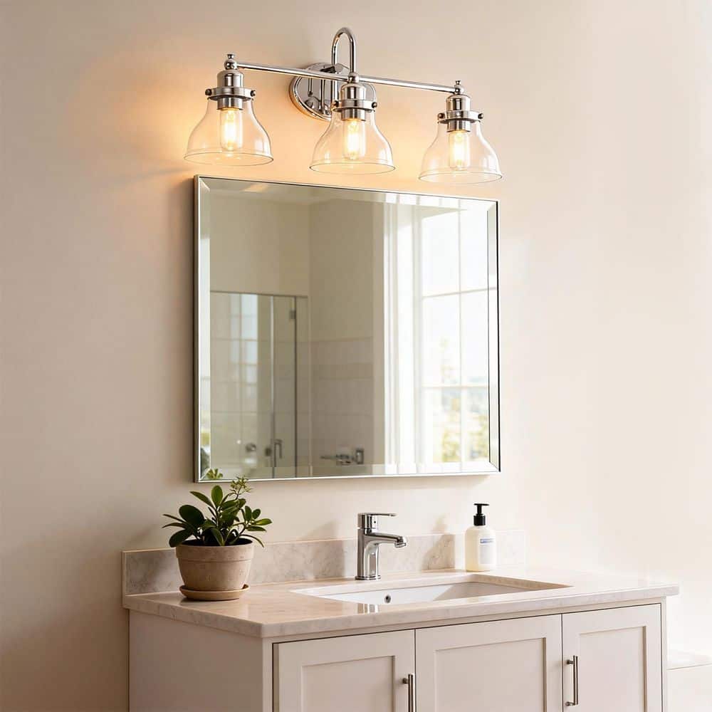 24 in. 3-Light Modern Chrome Bell Vanity Light Bathroom Fixture with Clear Glass Shade for Bathroom Mirror or Dressing price history on PriceWatchPro