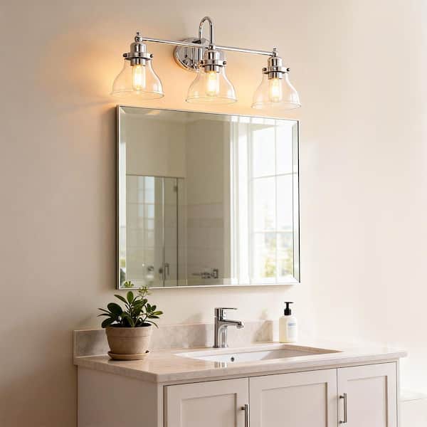 24 in. 3-Light Modern Chrome Bell Vanity Light Bathroom Fixture with Clear Glass Shade for Bathroom Mirror or Dressing