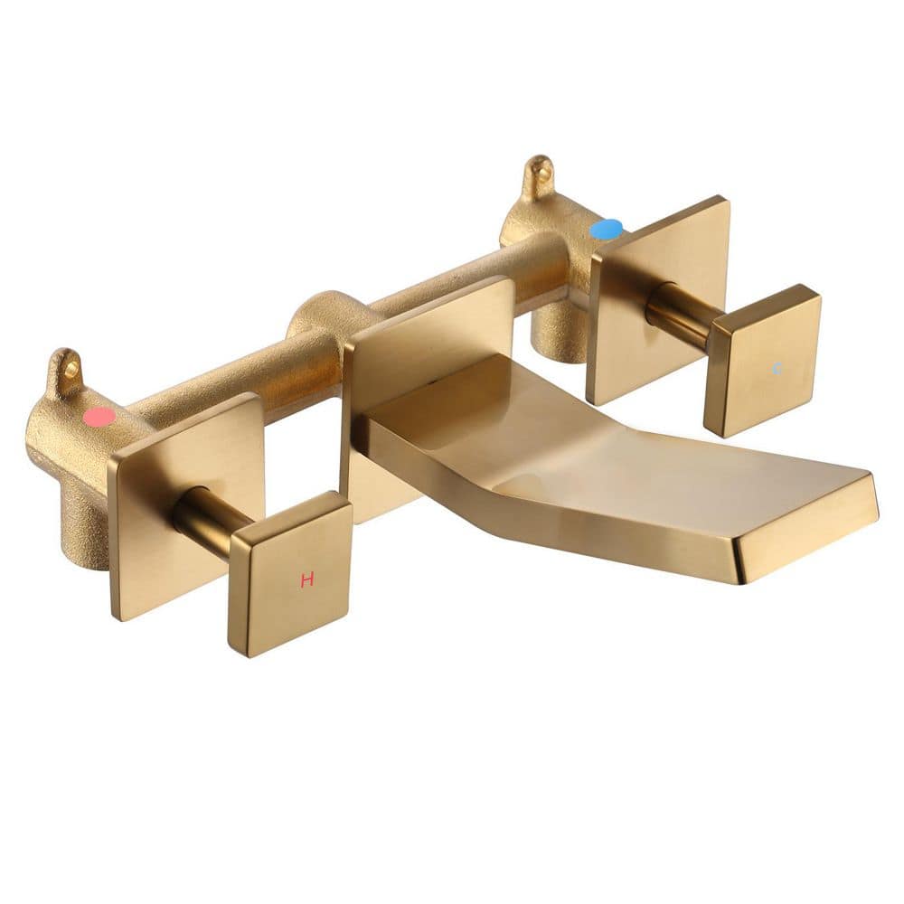 Double Handle Wall Mounted Bathroom Vessel Sink Faucet with Brass Valve and Waterfall Spout in Gold price history on PriceWatchPro