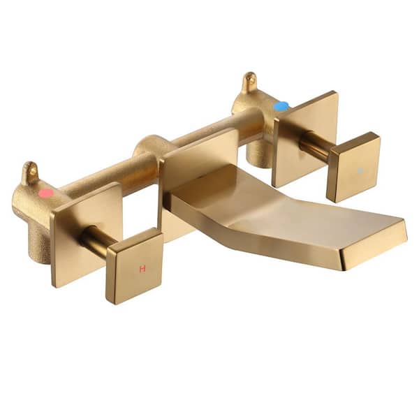 Double Handle Wall Mounted Bathroom Vessel Sink Faucet with Brass Valve and Waterfall Spout in Gold