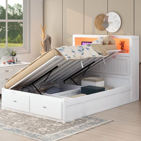 Lee White Wood Frame Queen Size Platform Bed with LED Headboard, Side-Tilt Hydraulic Storage 2-Drawers, Charging Station