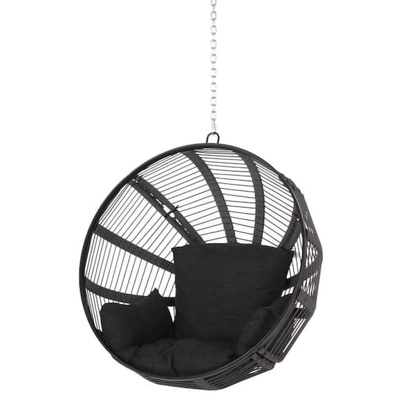 Noble House Thieroff 45 in. Gray Rope Weave Hanging Basket Chair with Black Cushions (No Stand)