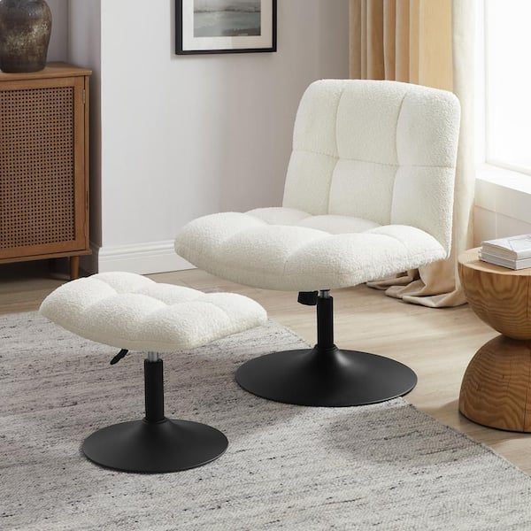 Rotune Beige Fabric Height-Adjustable Swivel Accent Chair with Ottoman