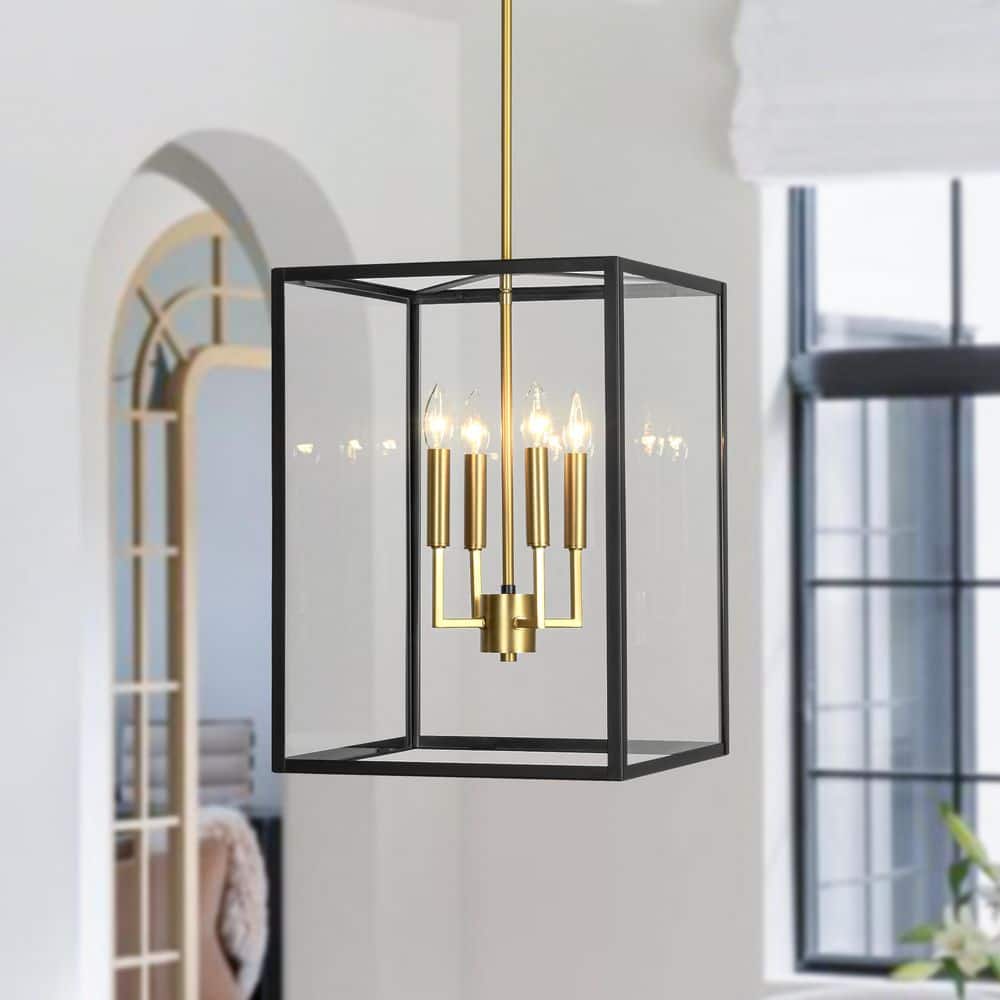 Puente 4-Light 15 in.W Matte Black Chandelier Square Rectangular Clear Glass Pendant Light with Brass Accent for Kitchen price history on PriceWatchPro