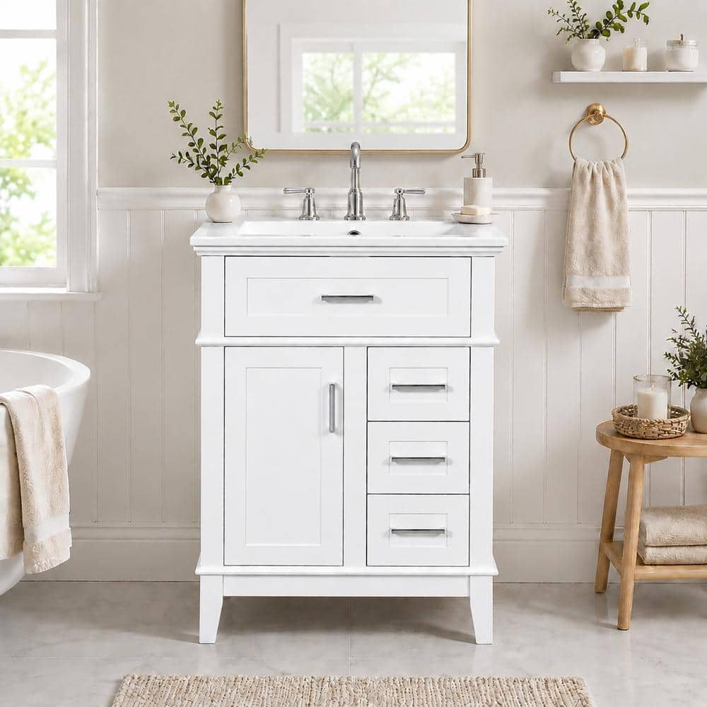 24 in. Freestanding White Solid Wood Frame Bath Vanity with White Ceramic Top, Adjustable Shelf price history on PriceWatchPro