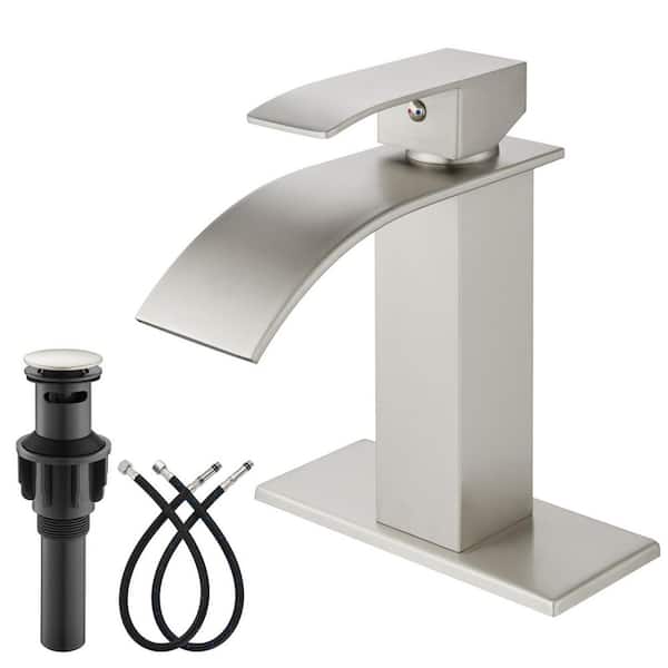 Single Handle Waterfall Spout Single Hole Bathroom Faucet and Drain and Stainless Steel in Brushed Nickel