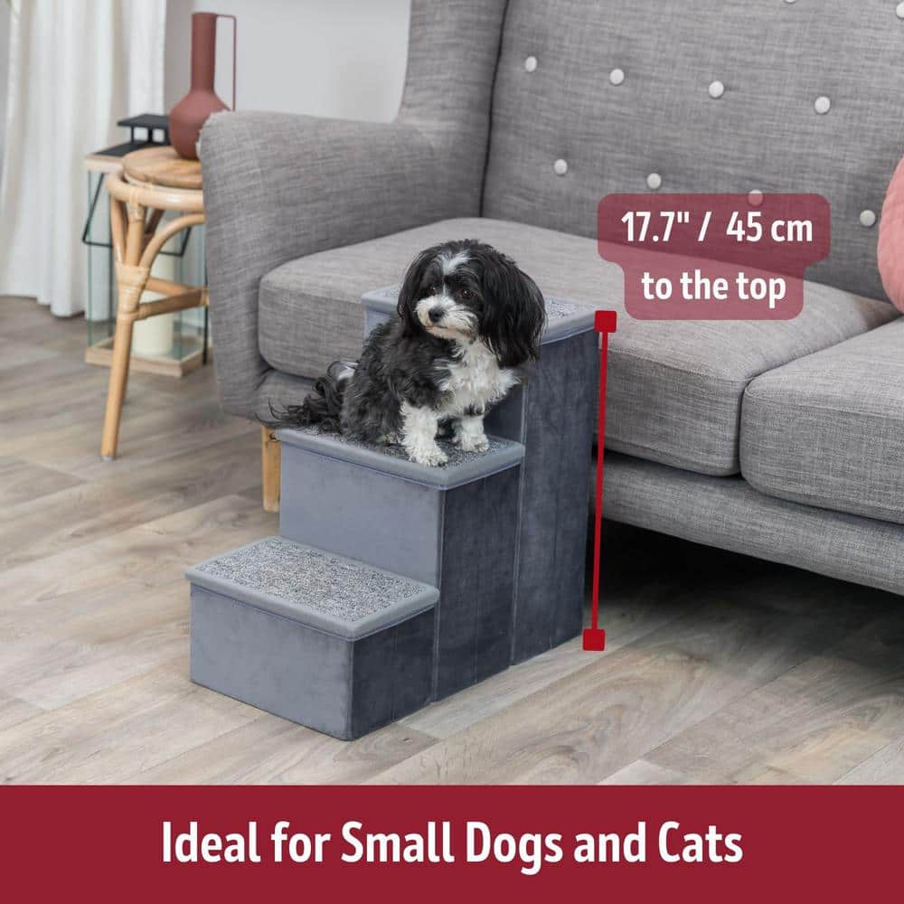 Gray Velour 3-Step Pet Stairs with Storage Compartments