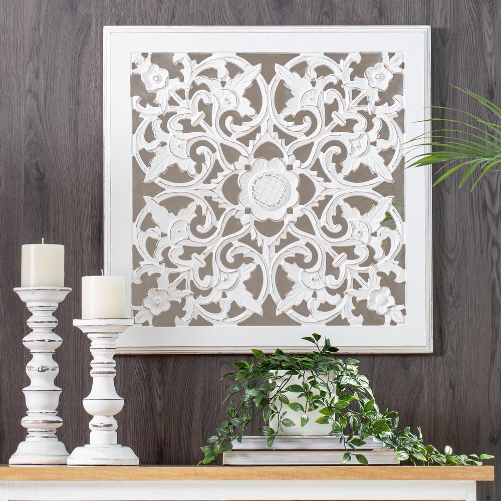 Maia White Carved Floral Medallion Square Wall Mirror