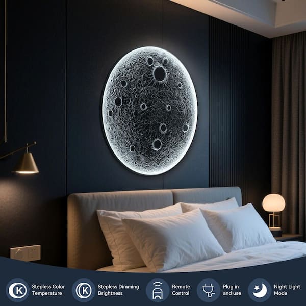GOGEXX 32 in. x 32 in. Gray Realistic Resin Moon Dimmable LED Wall