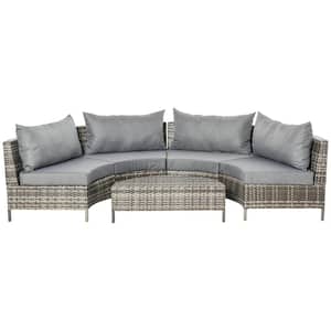 Grey 5-Piece Steel Plastic Rattan Outdoor Couch Set with Grey Cushions and Half-Moon Design
