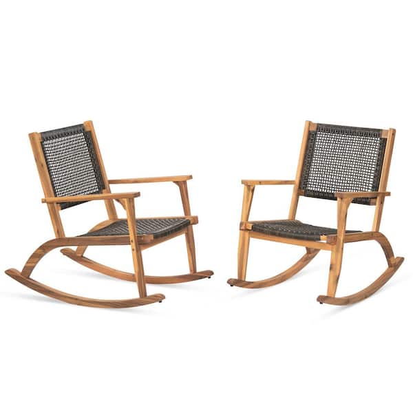 ECOCHIC SPACES INC 2-Piece Dark Brown Rattan Rocking Chair Set, Wood Outdoor Rocking Chair-the Perfect Blend of Comfort and Durability