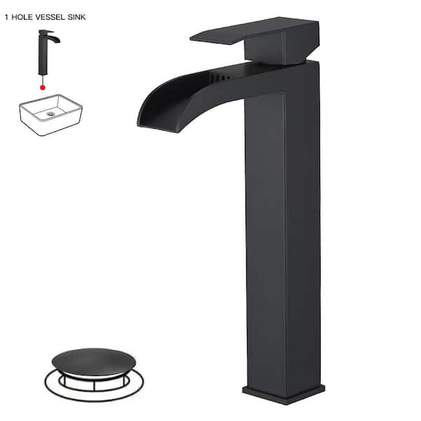 BWE Waterfall Single Hole Single Handle Bathroom Vessel Sink Faucet With Drain Assembly in Matte Black