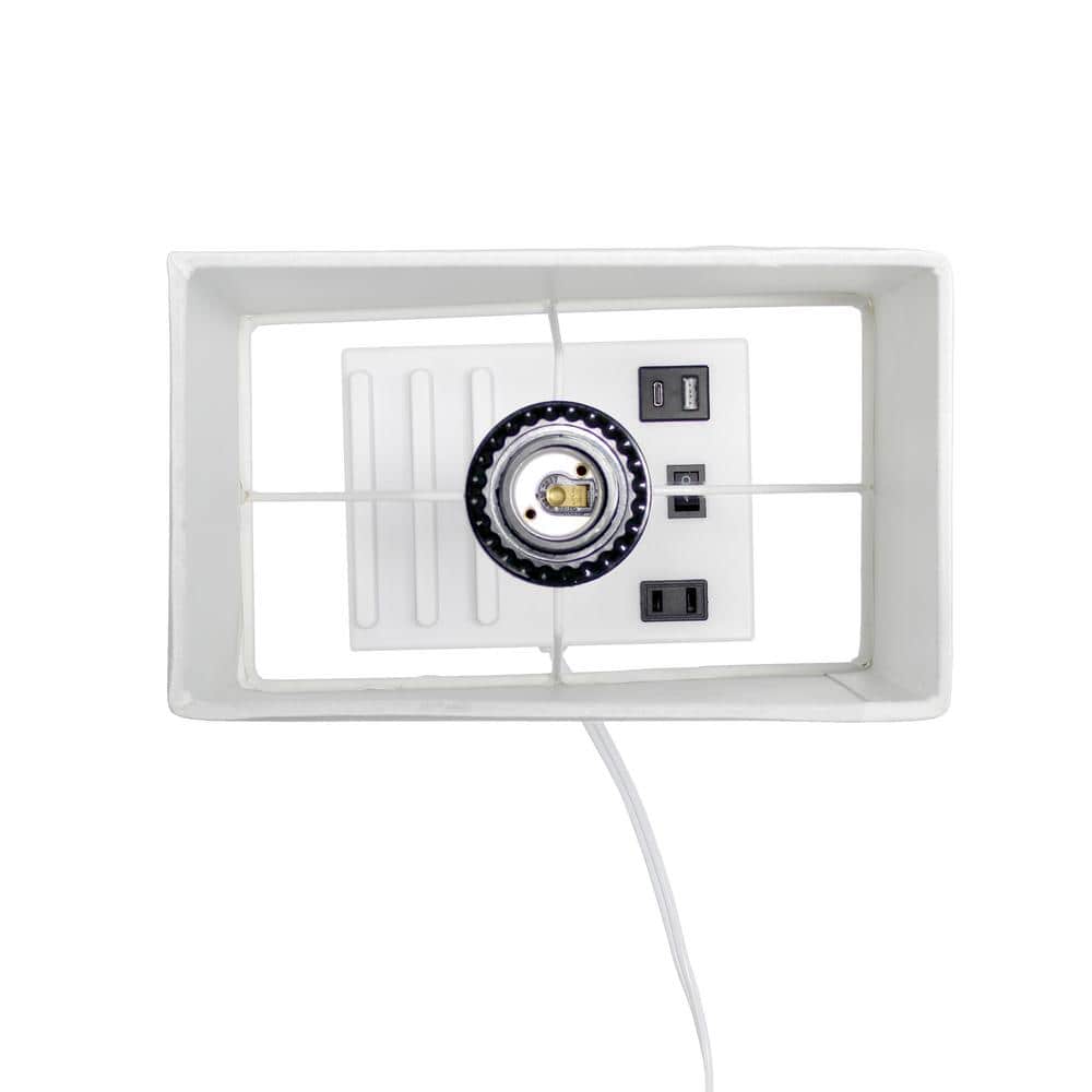 White Rectangular Nightstand Lamp with USB Ports and Charging Outlet