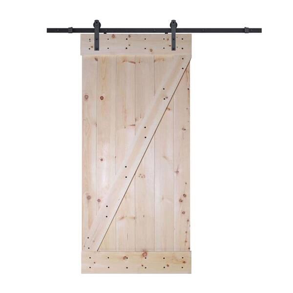 CALHOME 30 in. x 84 in. Z-Bar Unfinished Wood Sliding DIY Barn Door with Sliding Door Hardware Kit