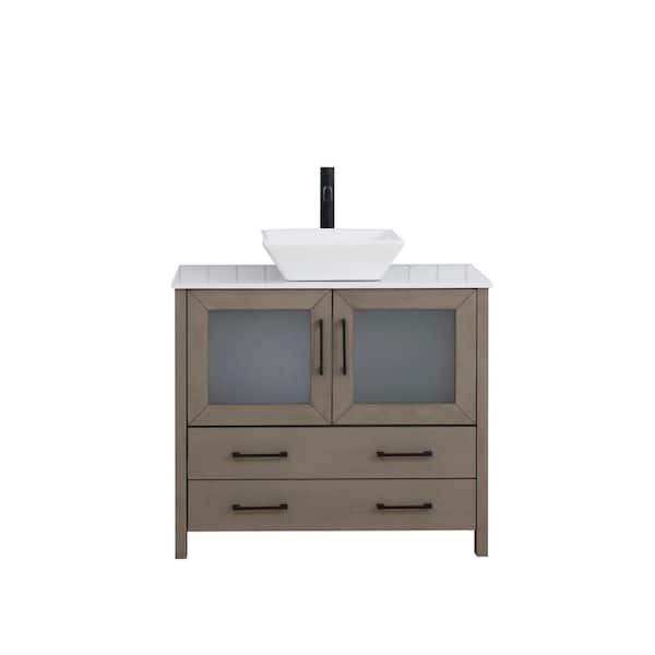 Vanity Art 36 in. W Single Basin Driftwood Gray Bath Vanity with White Engineered Marble Top and Mirror