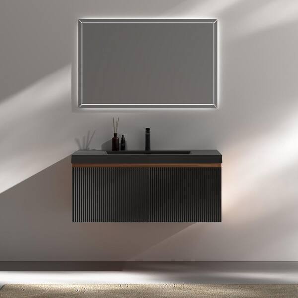 FAMYYT 36 in. W Single Sink Walnut Black Floating Bath Vanity with Matte Black Quartz Sand Top