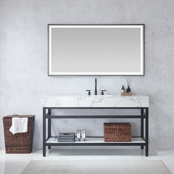ROSWELL Ecija 60 in.W x 22 in.D x 33.9 in.H Single Sink Bath Vanity in Matte Black with White Stone Top