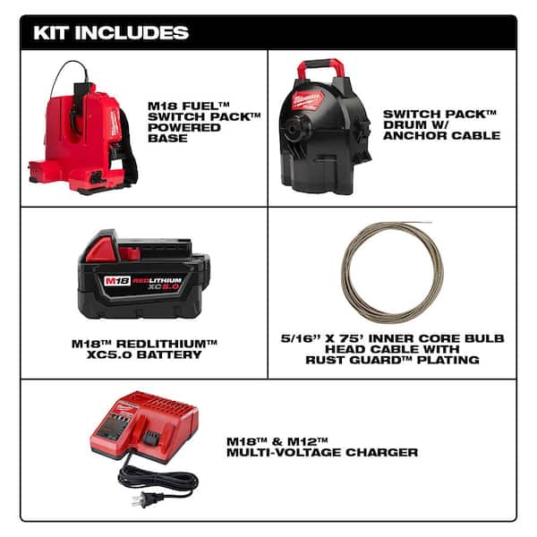 M18 Fuel 18-Volt Lithium-Ion Brushless Cordless Drain Cleaning 5/16 in. Switch Pack Sectional Drum System Kit