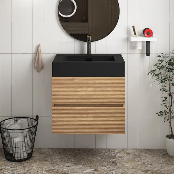 24 in. Wall Mounted Oak Bath Vanity with Black solid surface Top Unassembled