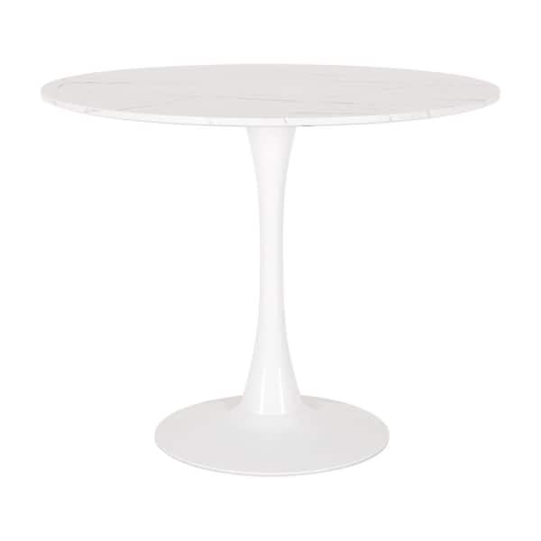 CorLiving Ivo 35 in. Round White Faux Marble Dining Table with Metal Pedestal