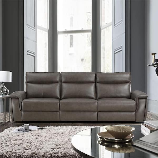 Verkin 110 in. W Straight Arm Leather Rectangle Power Double Reclining Sofa with Power Headrests in Dark Brown
